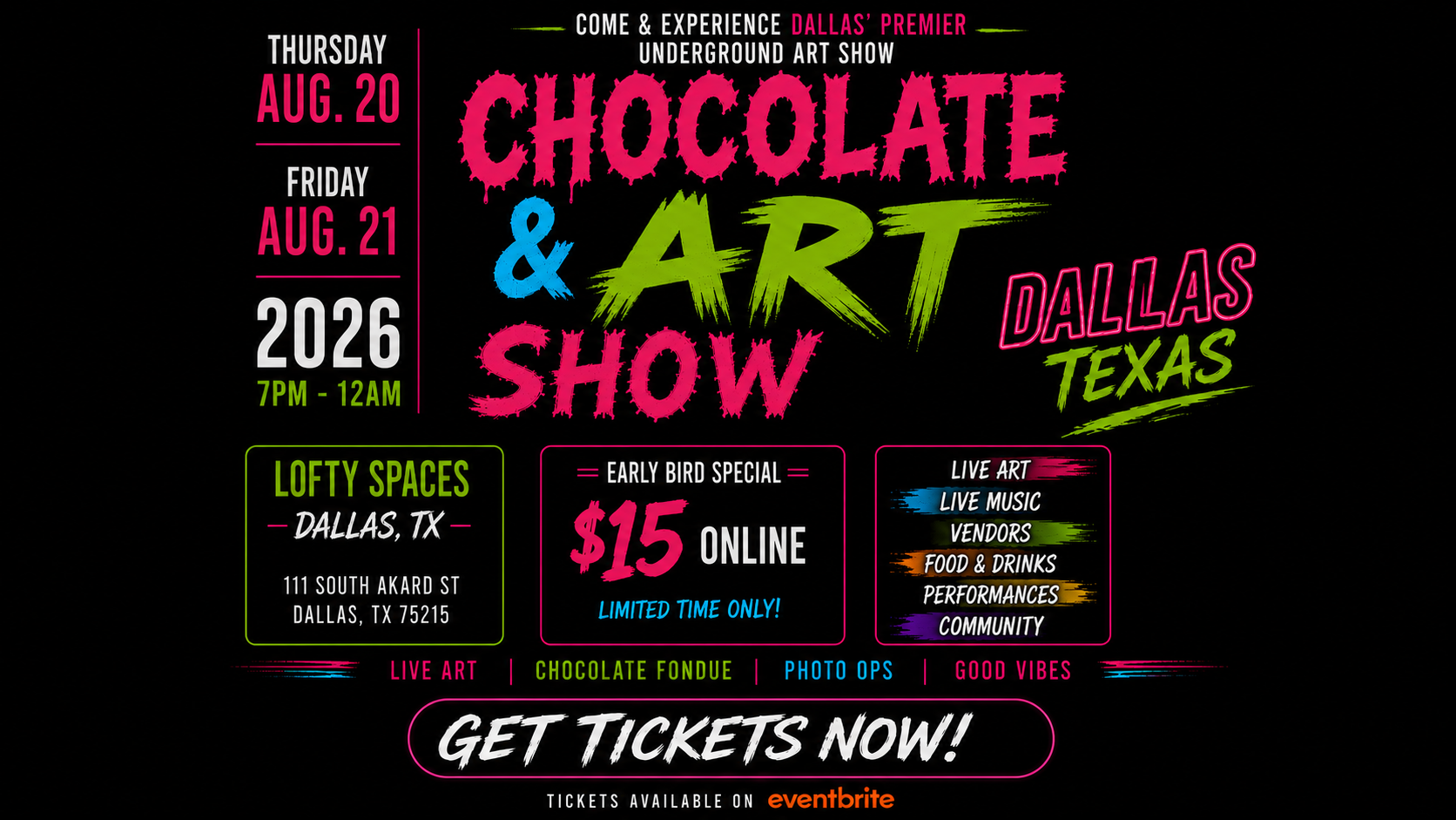 Chocolate and Art Show Dallas - August 20-21, 2026 at Lofty Spaces